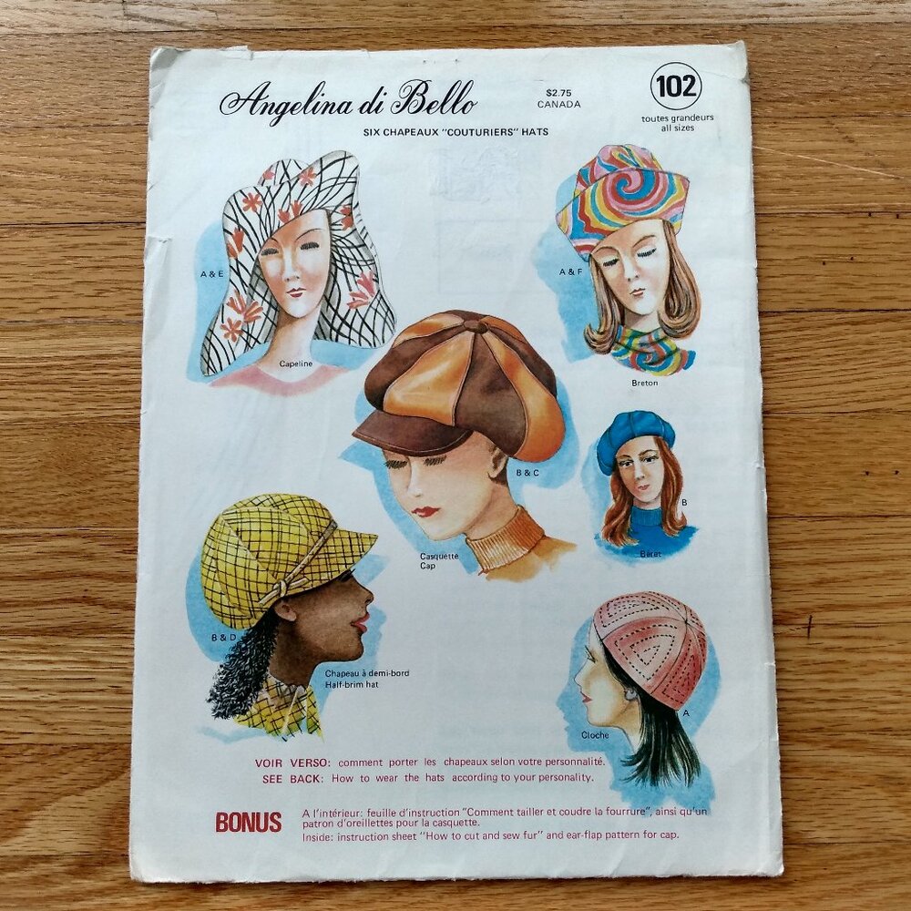 Vintage 70s Hat Sewing Pattern Cloche Capeline Beret Breton Angelina di Bello